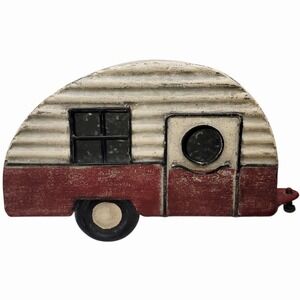 Rustic Metal Camper Trailer Wall Decor Vintage Style Red Cream Galvanized Tin RV